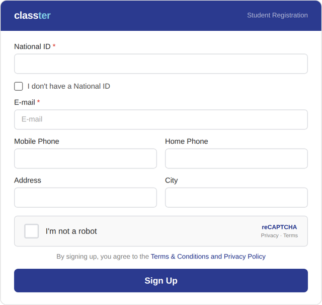 Classter student registration form with fields for national ID, email, phone, and address with reCAPTCHA verification.