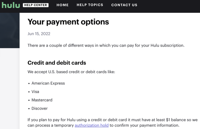 Hulu Payment Options