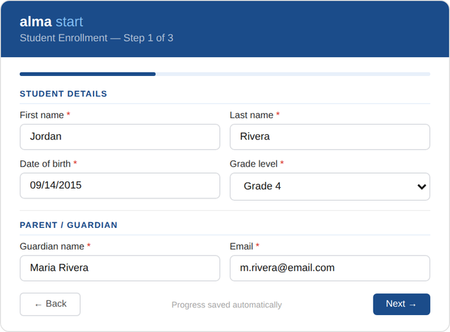 Alma Start student enrollment form showing fields for student name, date of birth, grade level, and parent guardian contact information