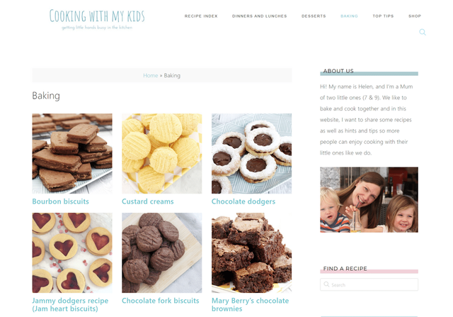 Homepage of the cooking website, Cooking With My Kids