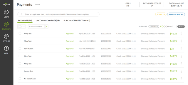 Example of payment reporting and payments view in Regpack, an online payments platform that allows you to accept payments online.