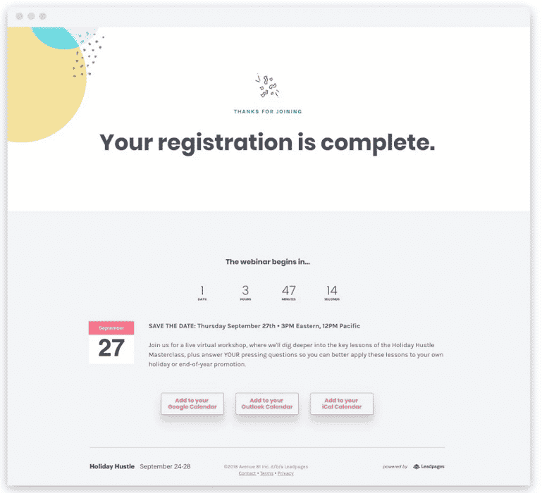 "registration is complete" email for online webinar registration