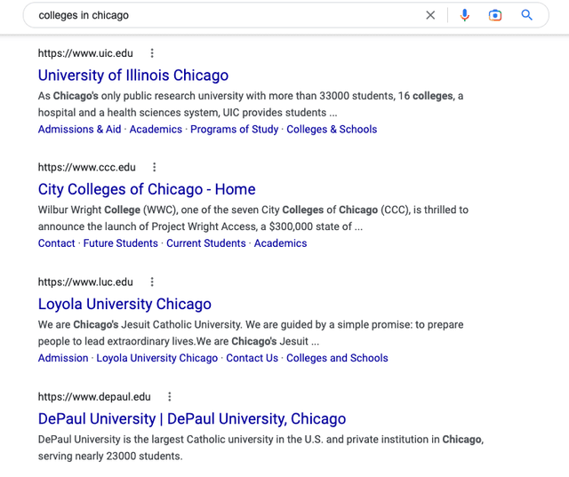 Regpack screenshot: Google Search Colleges In Chicago