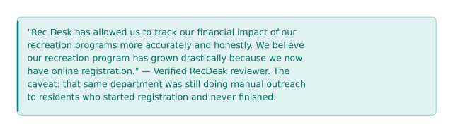 A forest green callout box featuring a verified RecDesk reviewer quote noting their recreation program grew drastically after moving to online registration — followed by the caveat that the same department was still doing manual outreach to residents who started registration and never finished.