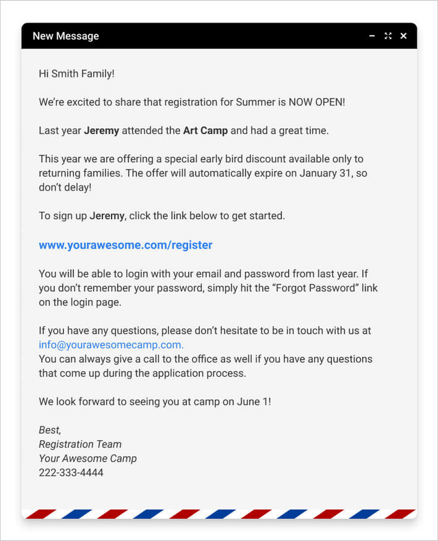 Parents Email With A Reminder For An Upcoming Summer Camp