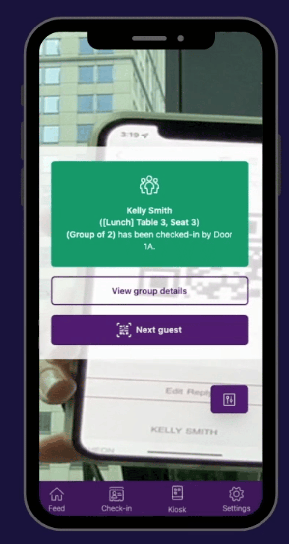 Regpack screenshot: Scanning Each Attendees Custom QR Code With A Dedicated Mobile App Example