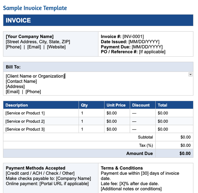 Sample invoice template with placeholder fields for company name, address, and contact info, a Bill To section, a line item table with columns for description, quantity, unit price, discount, and total, and a payment methods and terms and conditions section at the bottom