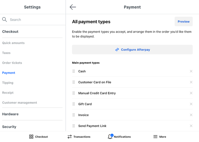 Square payment processing options