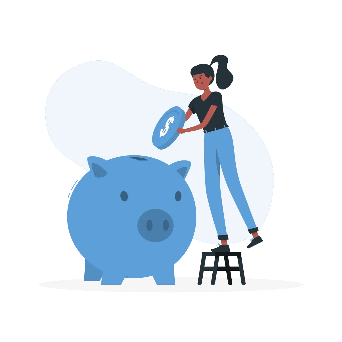 Illustrasjon av jente som putter mynt i sparegris