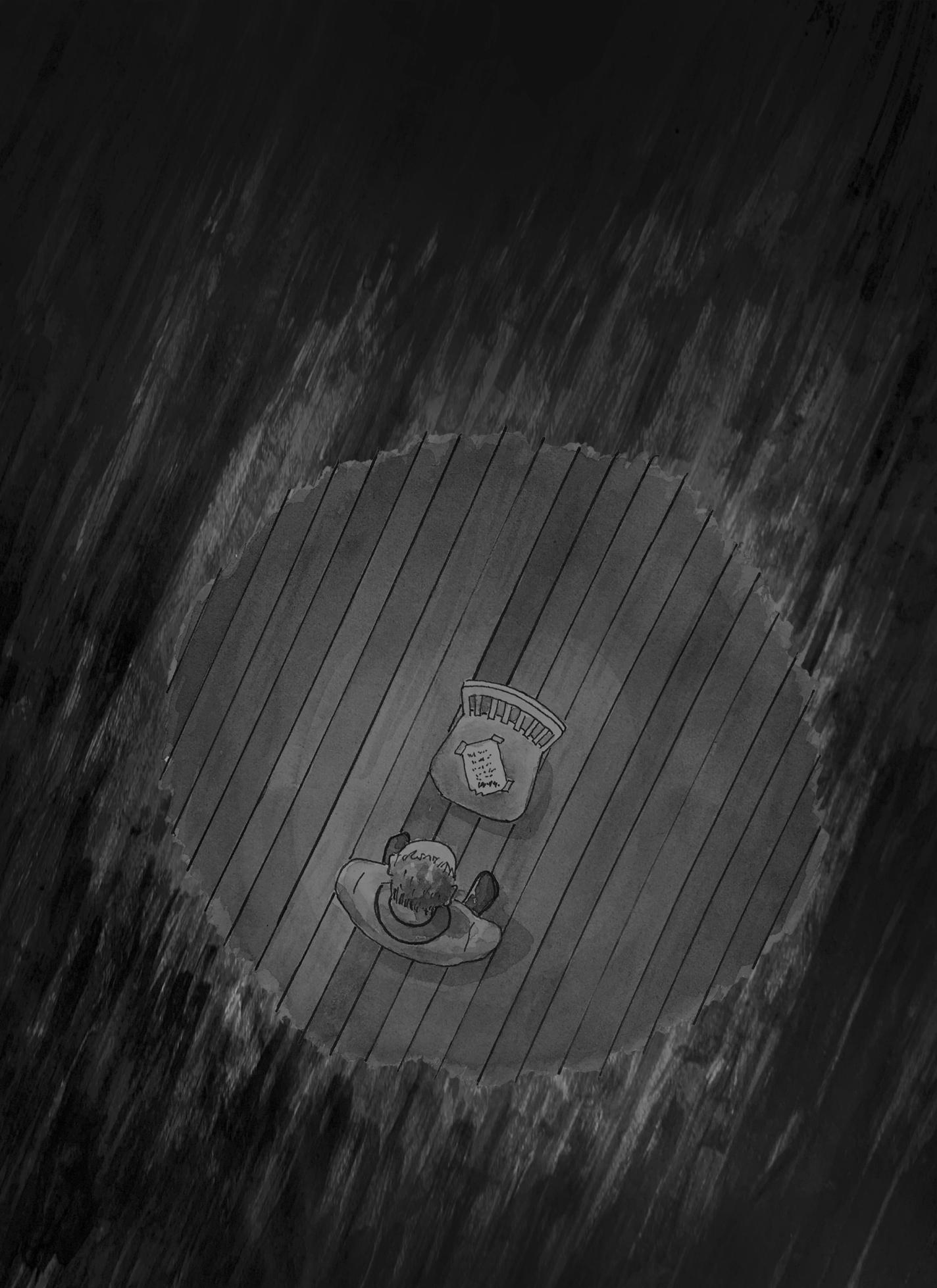 Page 20: From an overhead view, the man is looking down at the chair in the middle of the room. In front of the man, the note is on the seat of the chair.