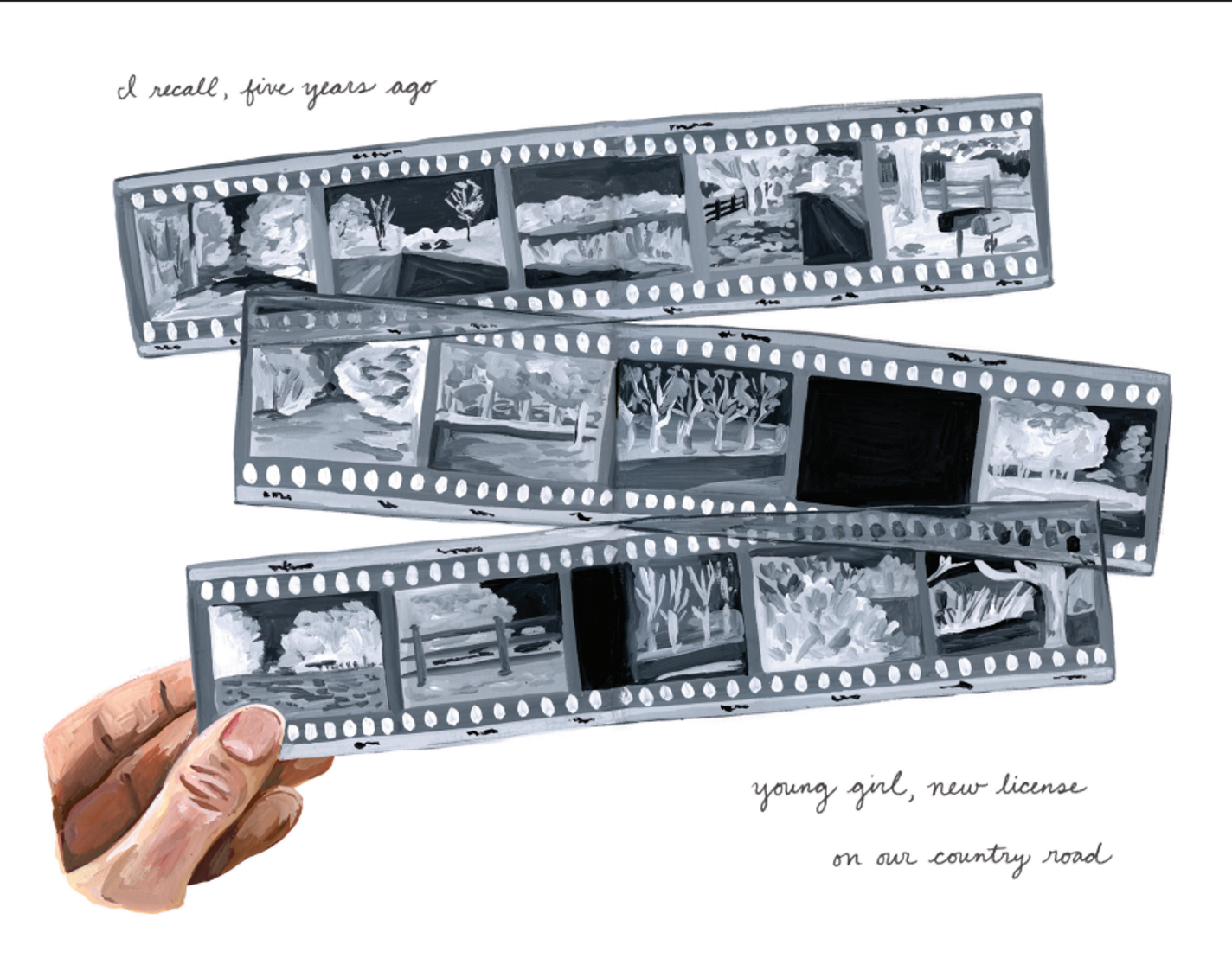 The text reads "I recall five years ago" above a painting of a hand holding three film photo strips. The negatives display nature scenes, similar to the previous slides. Beneath the pictures, the text says "young girl, new license, on our country road."
