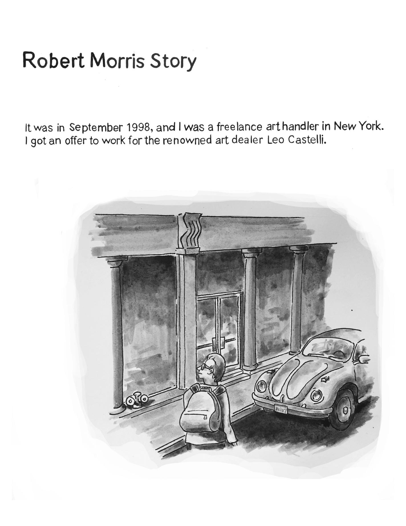 A 21-page grayscale comic titled “Robert Morris Story.” Each page has blank white space as the background. Page 1: The title is at the top of the page. The text beneath reads, “It was in September 1998, and I was a freelance art handler in New York. I got an offer to work for the renowned art dealer Leo Castelli.” On the lower half of the page, a man with a backpack stands outside a building with columns, looking toward the entrance. A car is parked at the curb.