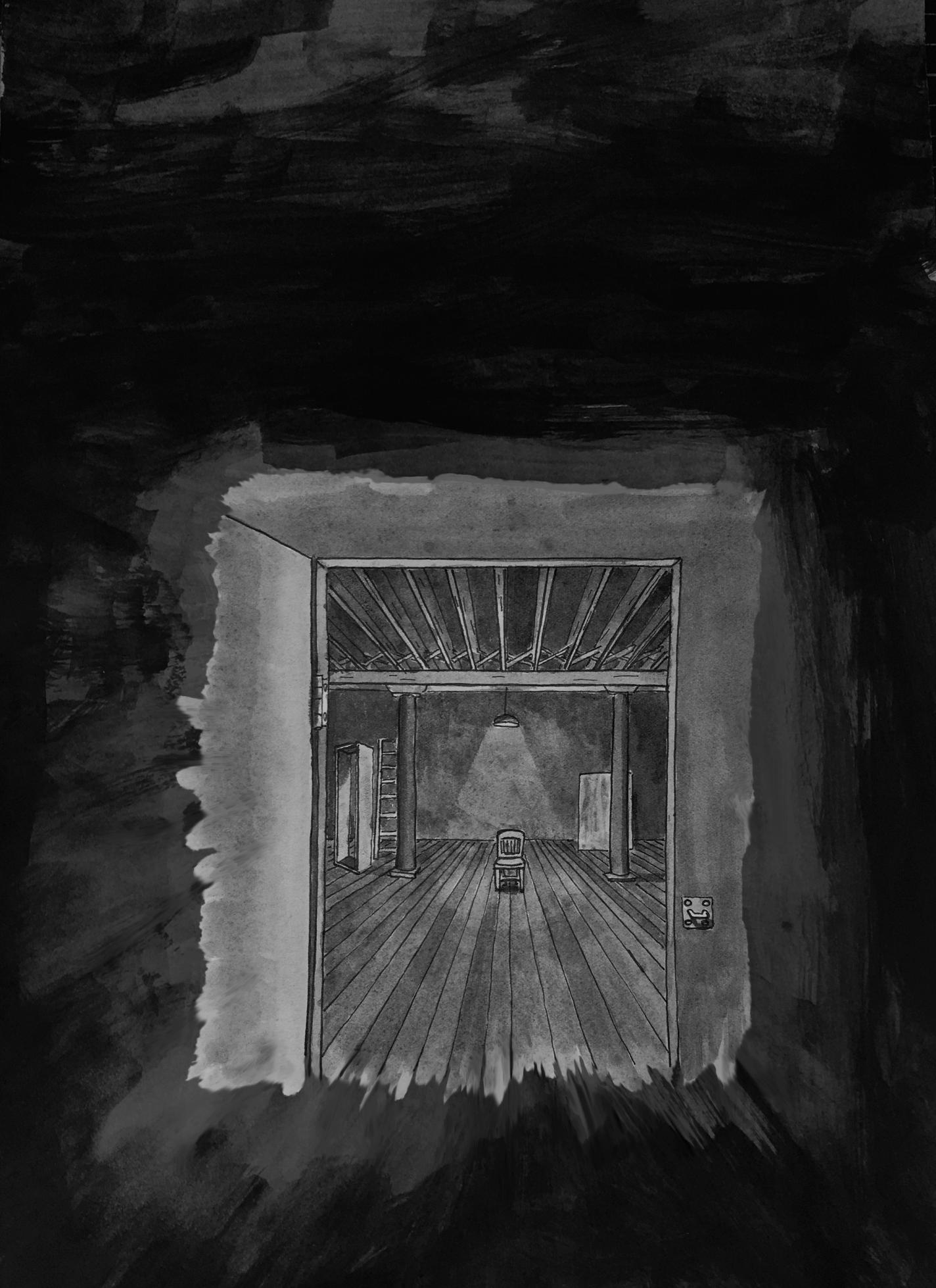 Page 15: From a perspective just outside the doorframe, there is an empty room with exposed ceiling beams, a ladder, a wooden frame, a wooden board, and a single wooden chair placed under a hanging lamp in the center.