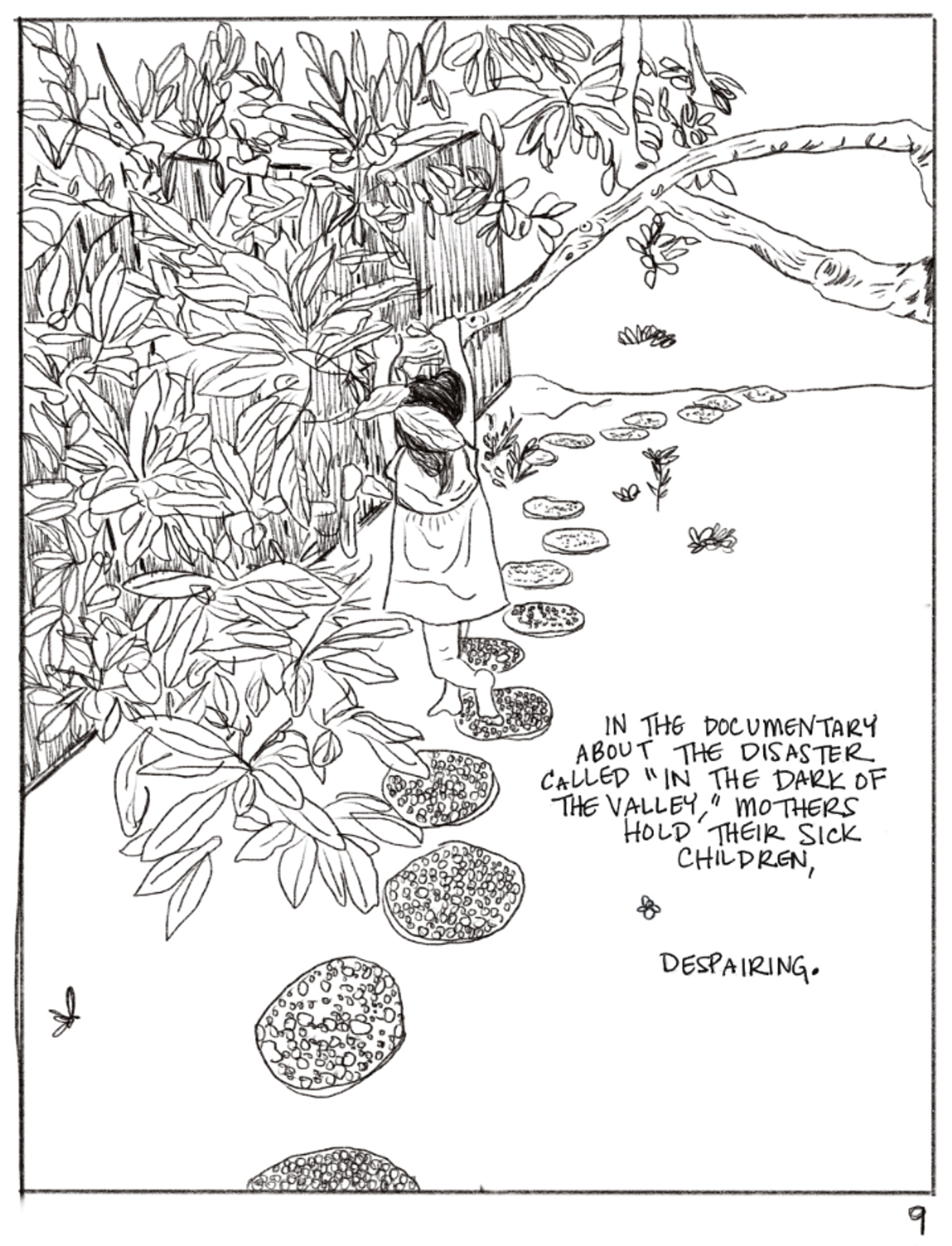 This slide shows another angle of the child walking across stones. She is small, her hair is in a bun, and she wears a dress. She holds onto a low-hanging branch above her head. It says, "IN THE DOCUMENTARY ABOUT THE DISASTER CALLED "IN THE DARK OF THE VALLEY," MOTHERS HOLD THEIR SICK CHILDREN, DESPAIRING."