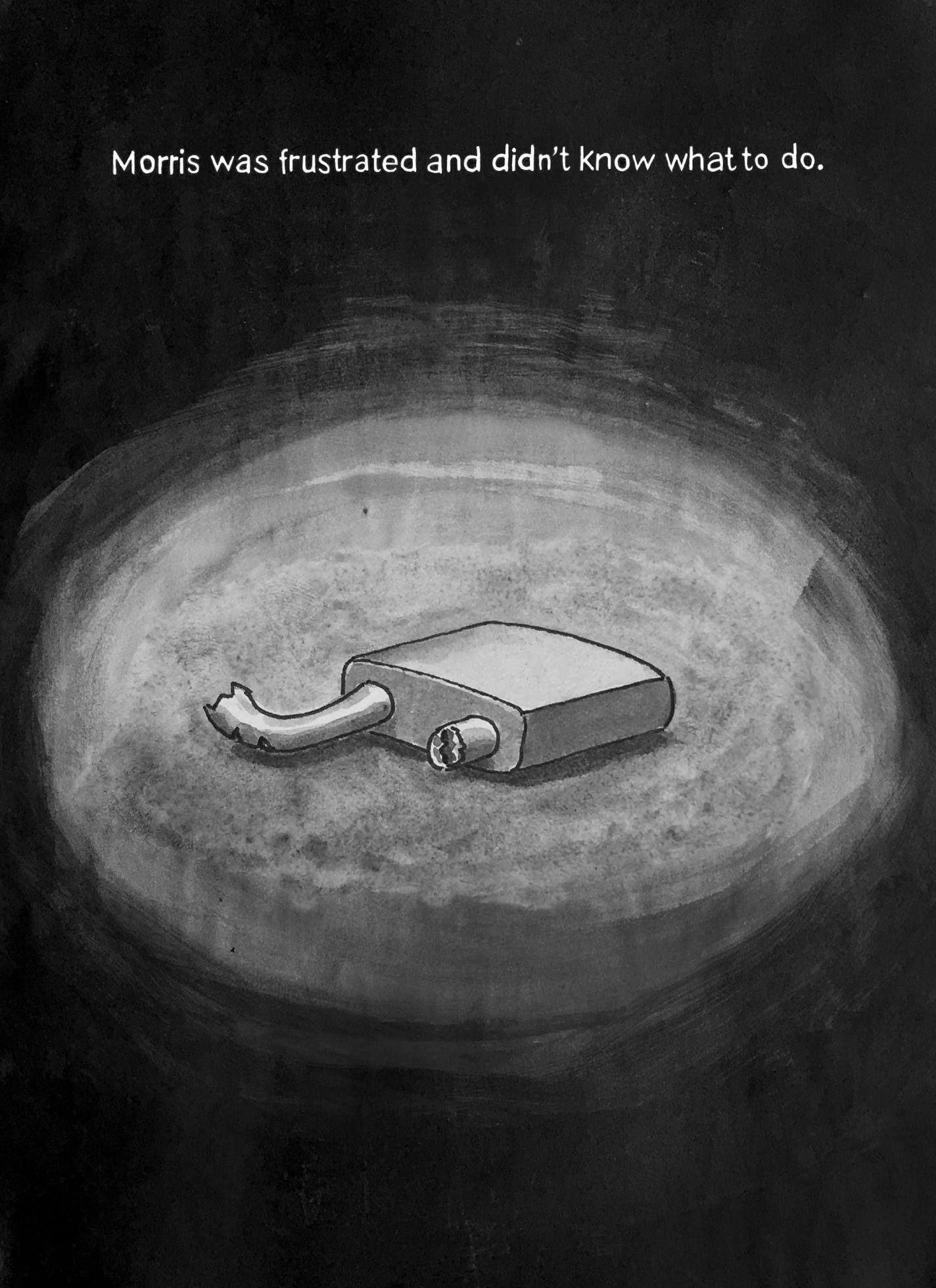 Page 17: A broken lock is on the ground. Above it, the text reads, “Morris was frustrated and didn’t know what to do.”