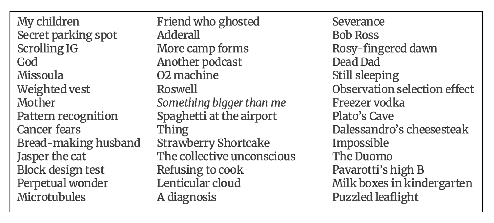 List of words in phrases are in a box in three columns. Line 1: My children, Friend who ghosted, Severance Line 2: Secret parking spot, Adderall,Bob Ross Line 3: Scrolling IG, More camp forms, Rosy-fingered dawn Line 4: God, Another podcast, Dead Dad Line 5: Missoula, O2 machine, Still sleeping Line 6: Weighted vest, Roswell, Observation selection effect Line 7: Mother, Something bigger than me, Freezer vodka Line 8: Pattern recognition, Spaghetti at the airport, Plato’s Cave Line 9: Cancer fears, Thing, Dalessandro’s cheesesteak Line 10: Bread-making husband, Strawberry Shortcake, Impossible Line 11: Jasper the cat, The collective unconscious, The Duomo Line 12: Block design test, Refusing to cook, Pavarotti’s high B Line 13: Perpetual wonder, Lenticular cloud, Milk boxes in kindergarten