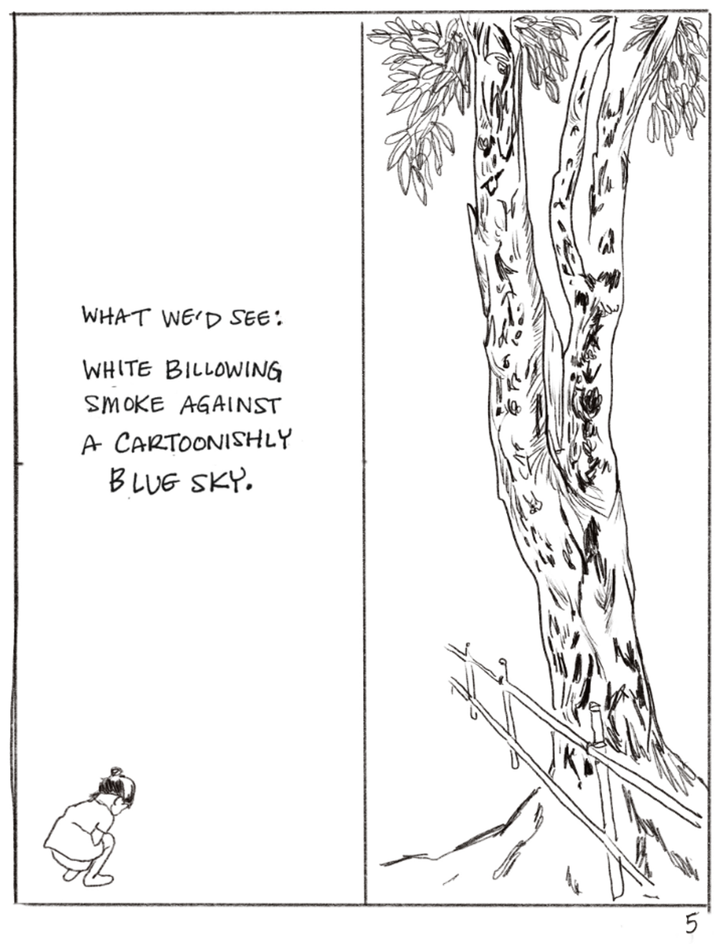 A vertical line divides this slide in two. On the left, there are no drawings except a tiny, crouched child in the bottom left. The text reads, "WHAT WE'D SEE: WHITE BILLOWING SMOKE AGAINST A CARTOONISHLY BLUE SKY." On the right side, there is a tree, its roots growing against a fence.