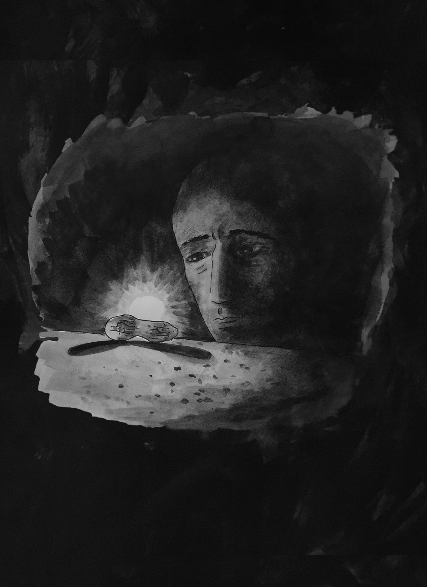 Page 12: A man’s face is illuminated by a small glowing light shining directly onto a peanut lying on a flat surface. The man’s face is solemn.