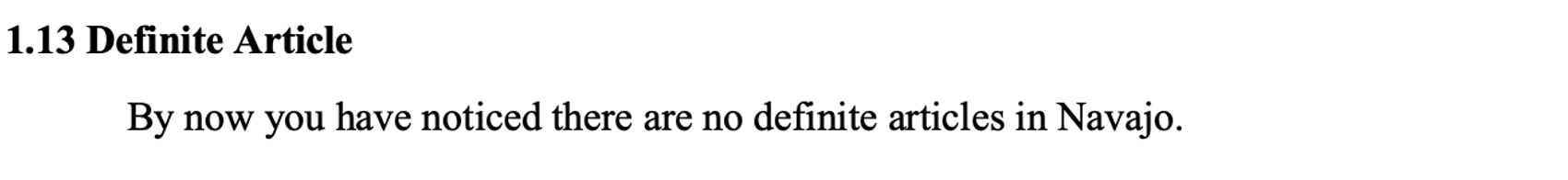 From the textbook, line 1 says: 1.13 Definite Article. The line below says By now you have noticed there are no definite articles in Navajo.