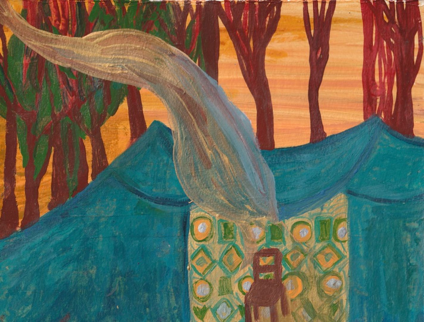 Panel 12: A large blue tent in front of brown trees is shown with a yellow and orange background. Inside the tent is a wooden chair with a patterned green and yellow backdrop. A grey, irregular shape stretches across the panel from the chair to the top left corner of the panel. The shape becomes thinner from right to left.