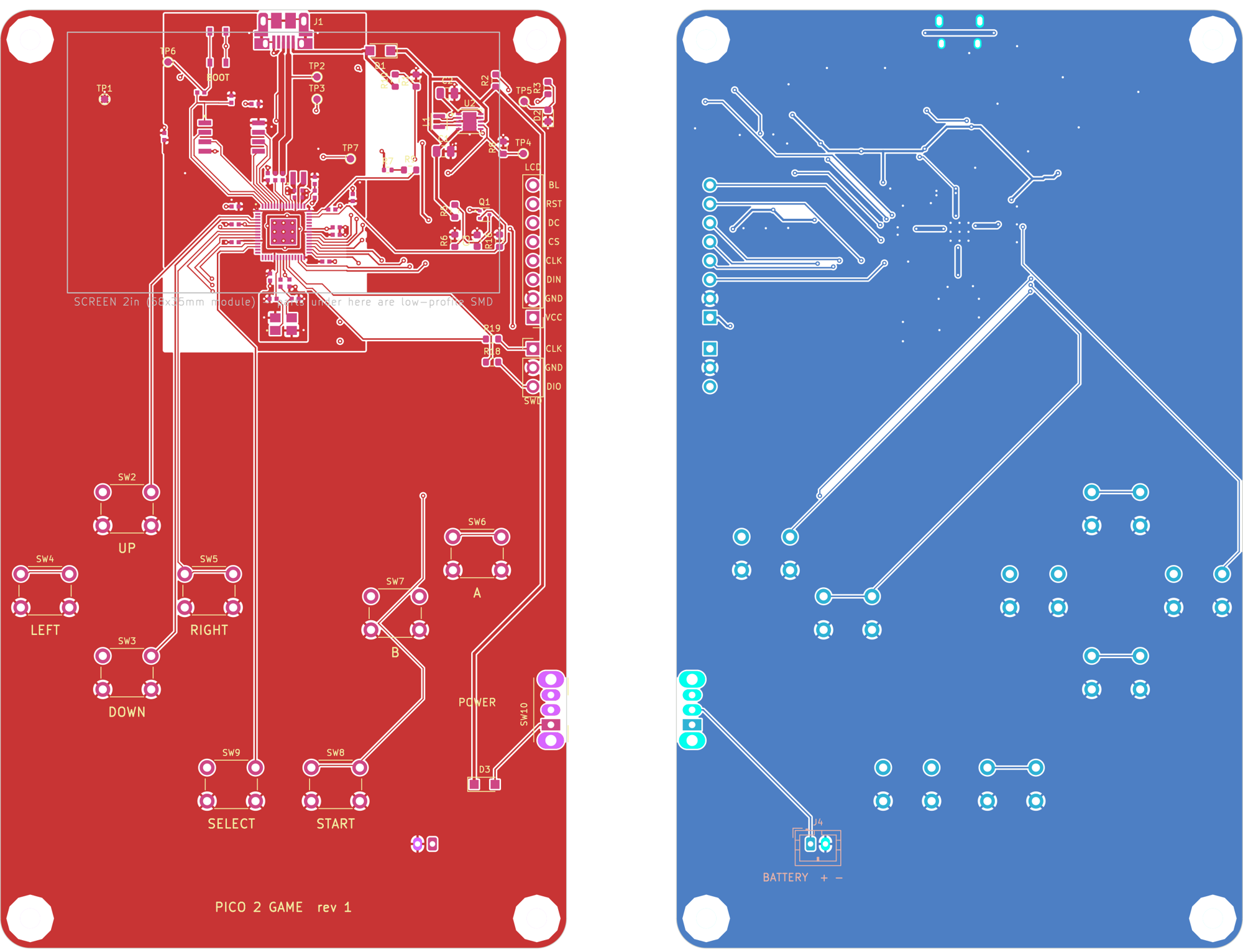 PCB layout render: the front copper in red showing the RP2350, the display header and eight labelled buttons; the back in blue with the ground plane and battery connector.