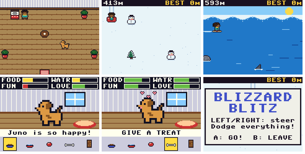 Six screenshots of the game: a wooden-floored house with Troi and a dog, a snowy slope with snowmen, a surfer on a wave, two screens of a dog with need meters, and a Blizzard Blitz title card.