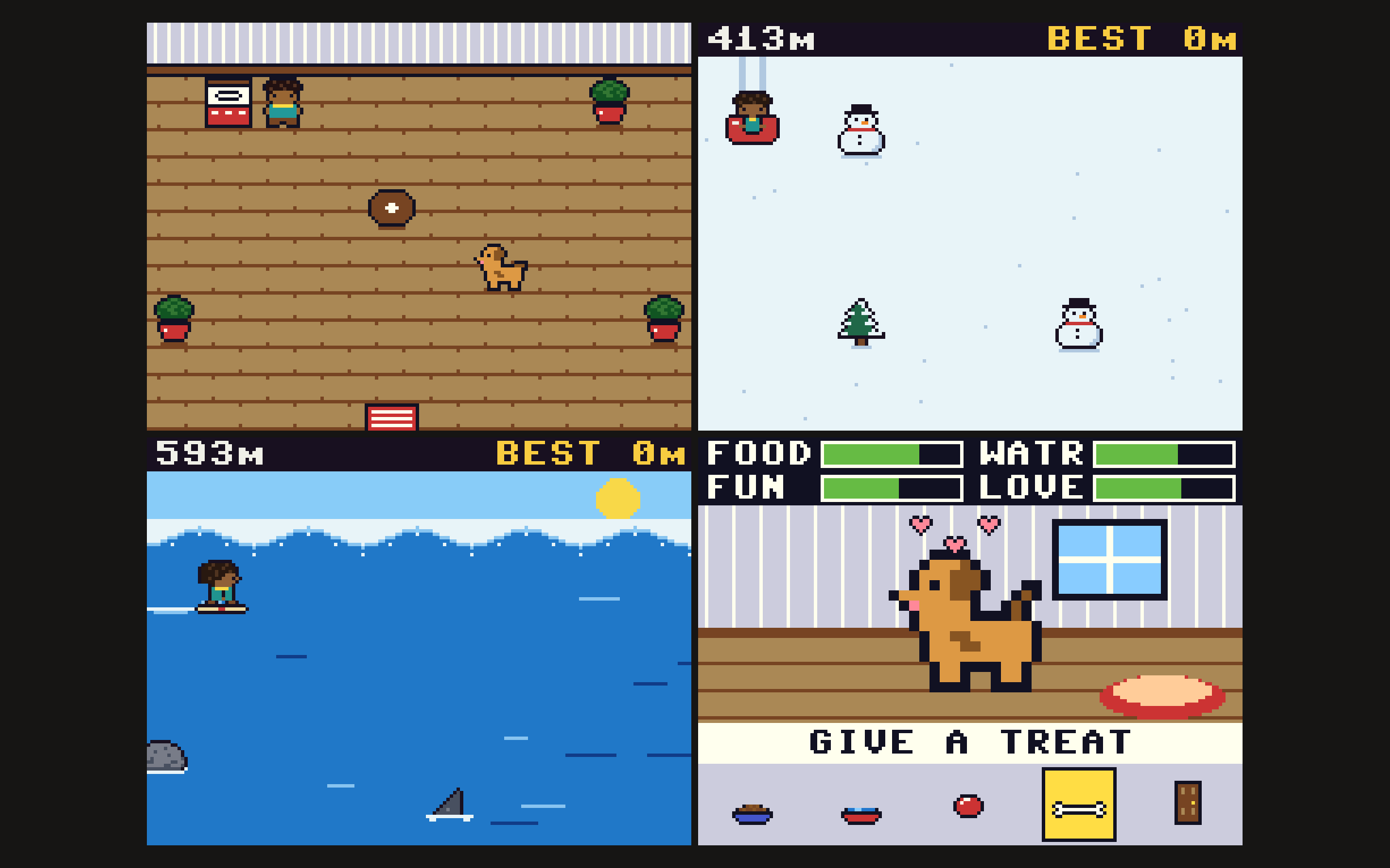Four screens from G.A.M.E.: Troi's house, Blizzard Blitz, Surf's Up and Juno.