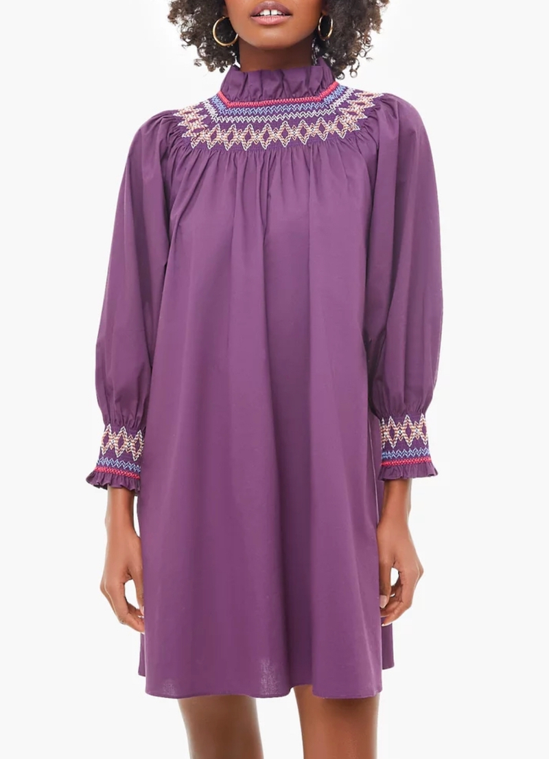 Purple smocked embroidered dress