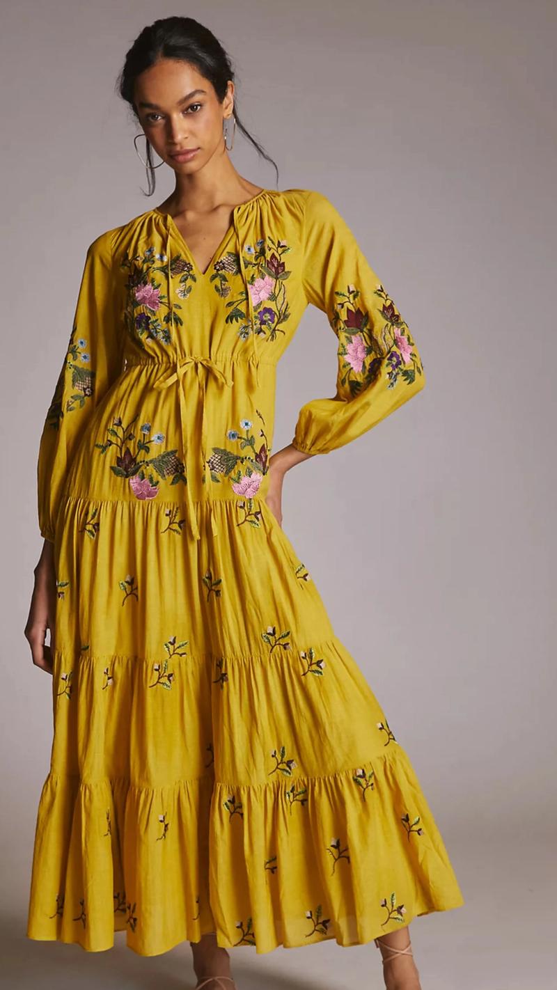 Yellow embroidered maxi anthropologie