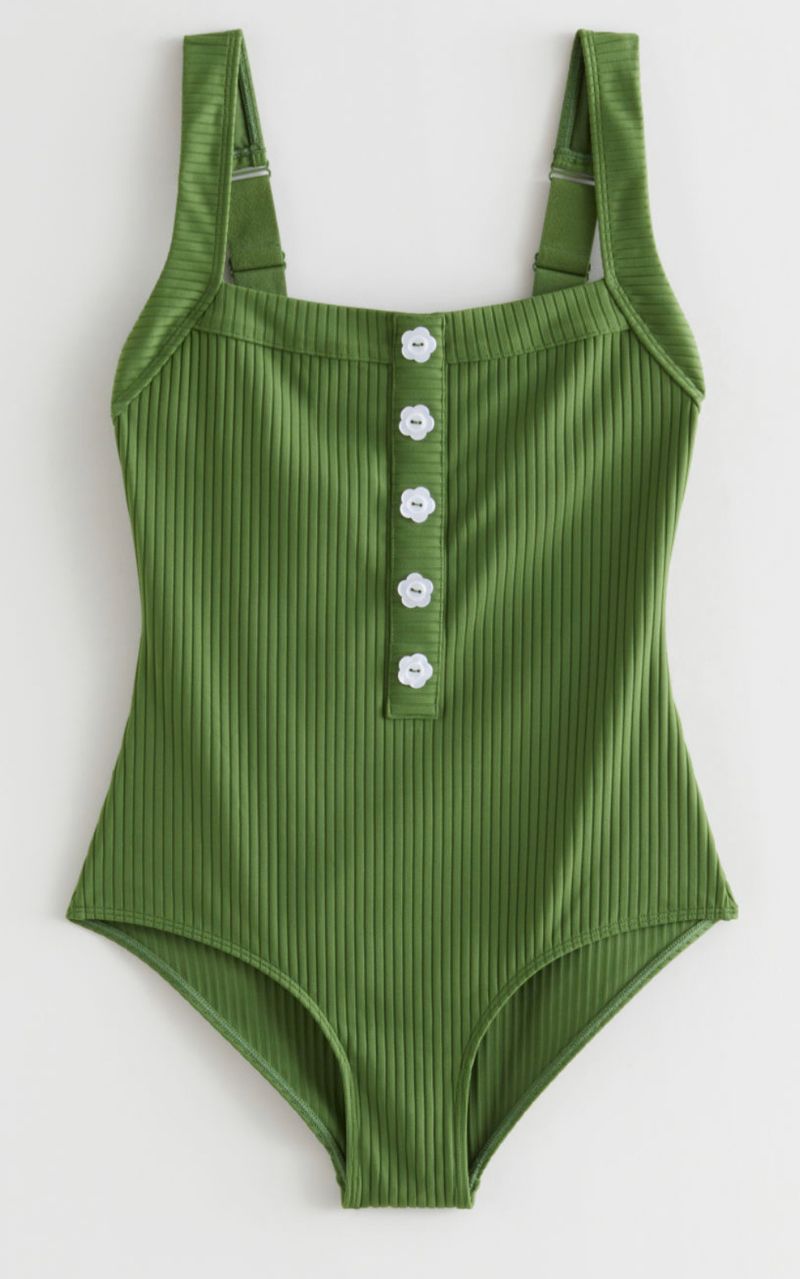 Green flower button swimsuit 