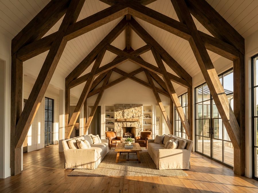 Interior of a living room with dramatic vaulted cathedral ceiling created by exposed wooden scissor trusses with natural light
