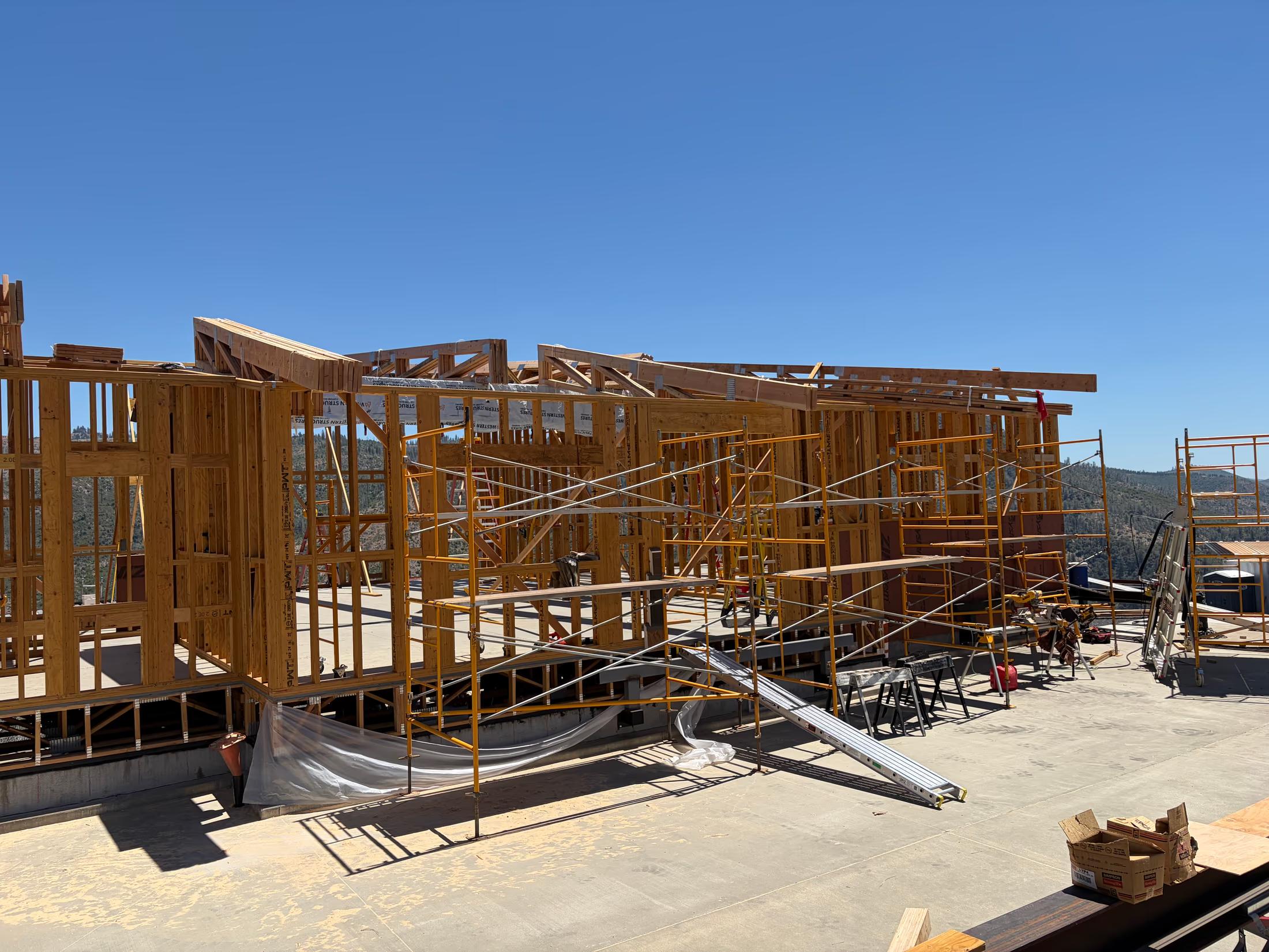 Roof trusses set over the second floor