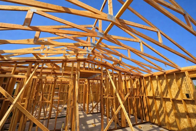 Backyard accessory dwelling unit under construction with custom engineered roof trusses framed on wall plates against a clear blue California sky by Mike Walker Lumber Co Inc