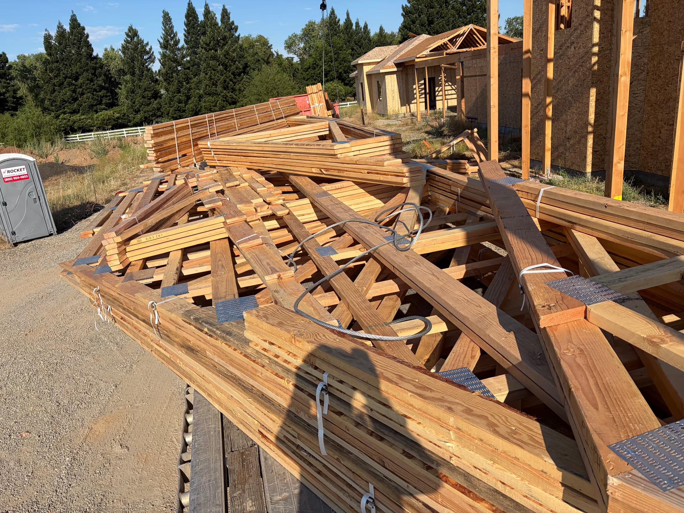 Roof trusses staged for the set