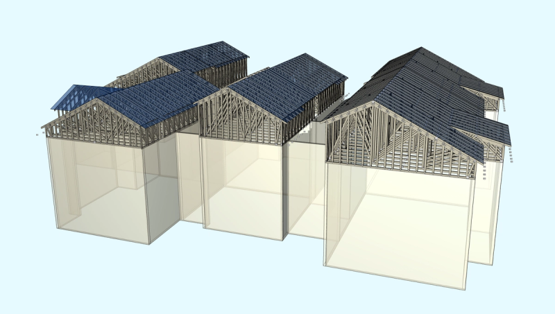 3D CAD rendering of a residential home roof truss layout showing optimized design for value engineering cost savings by Mike Walker Lumber Co Inc