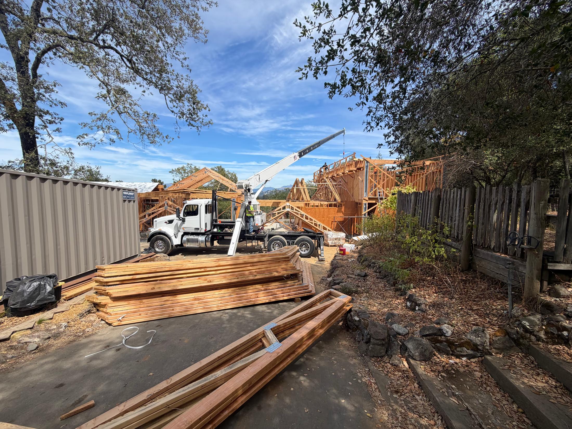 Trusses going up above the Dry Creek Valley