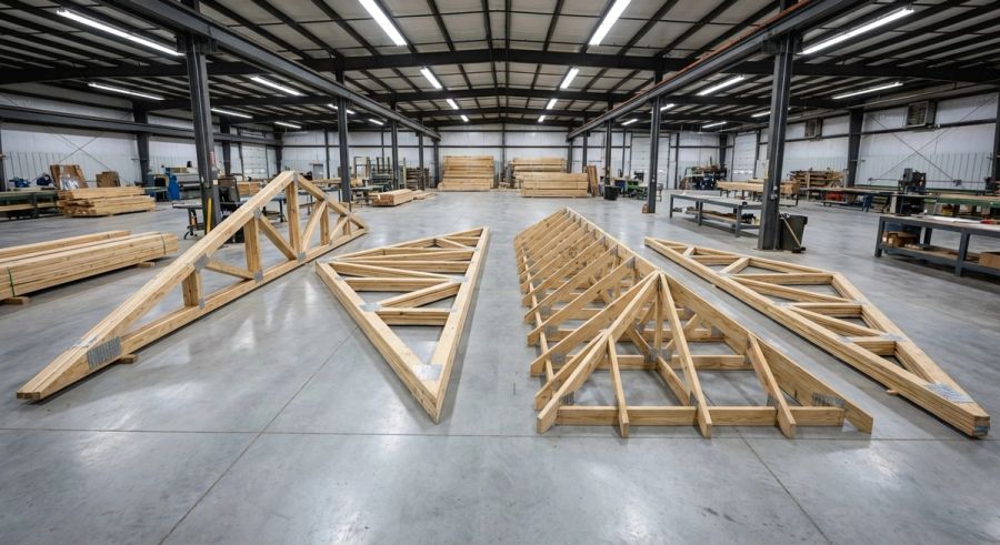 Multiple roof truss types displayed on a factory floor including Fink W-pattern scissor hip girder and mono trusses by Mike Walker Lumber Co Inc