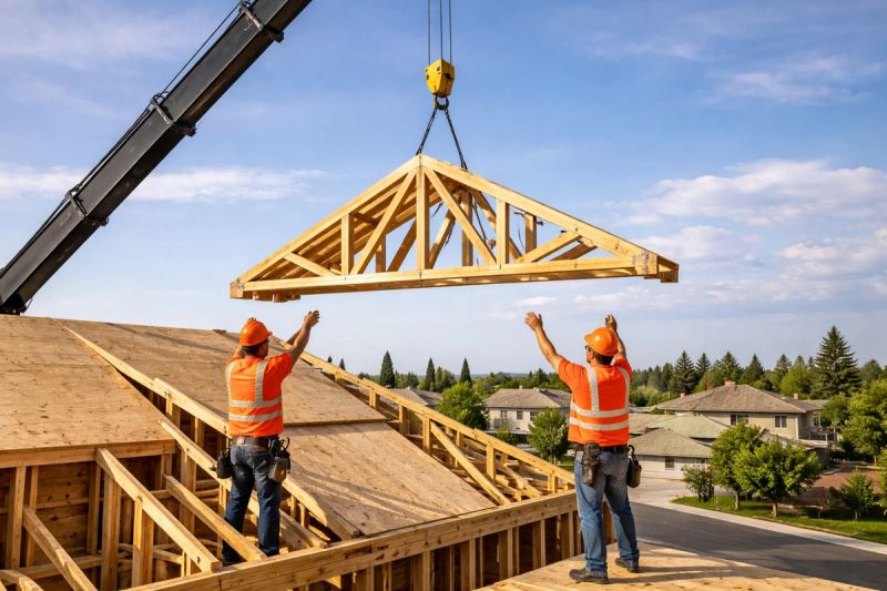Crane lifting an Doug Fir lumber roof truss onto a residential home frame while two workers in safety vests guide it into position in Northern California