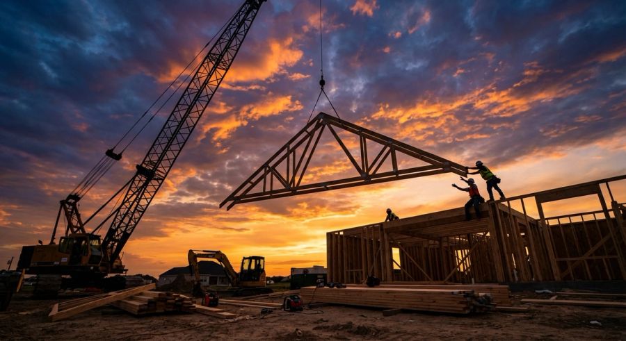 Boom crane lifting a large triangular roof truss above a house frame at golden hour with framers guiding it into position