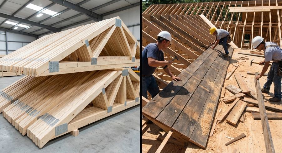 Side-by-side comparison of prefabricated roof trusses versus traditional stick-framed rafters showing factory precision versus on-site construction