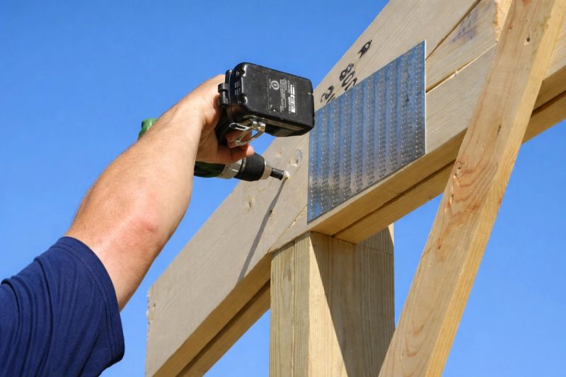 Worker using a cordless drill to fasten a galvanized steel gusset plate reinforcement on a roof truss repair joint by Mike Walker Lumber Co Inc