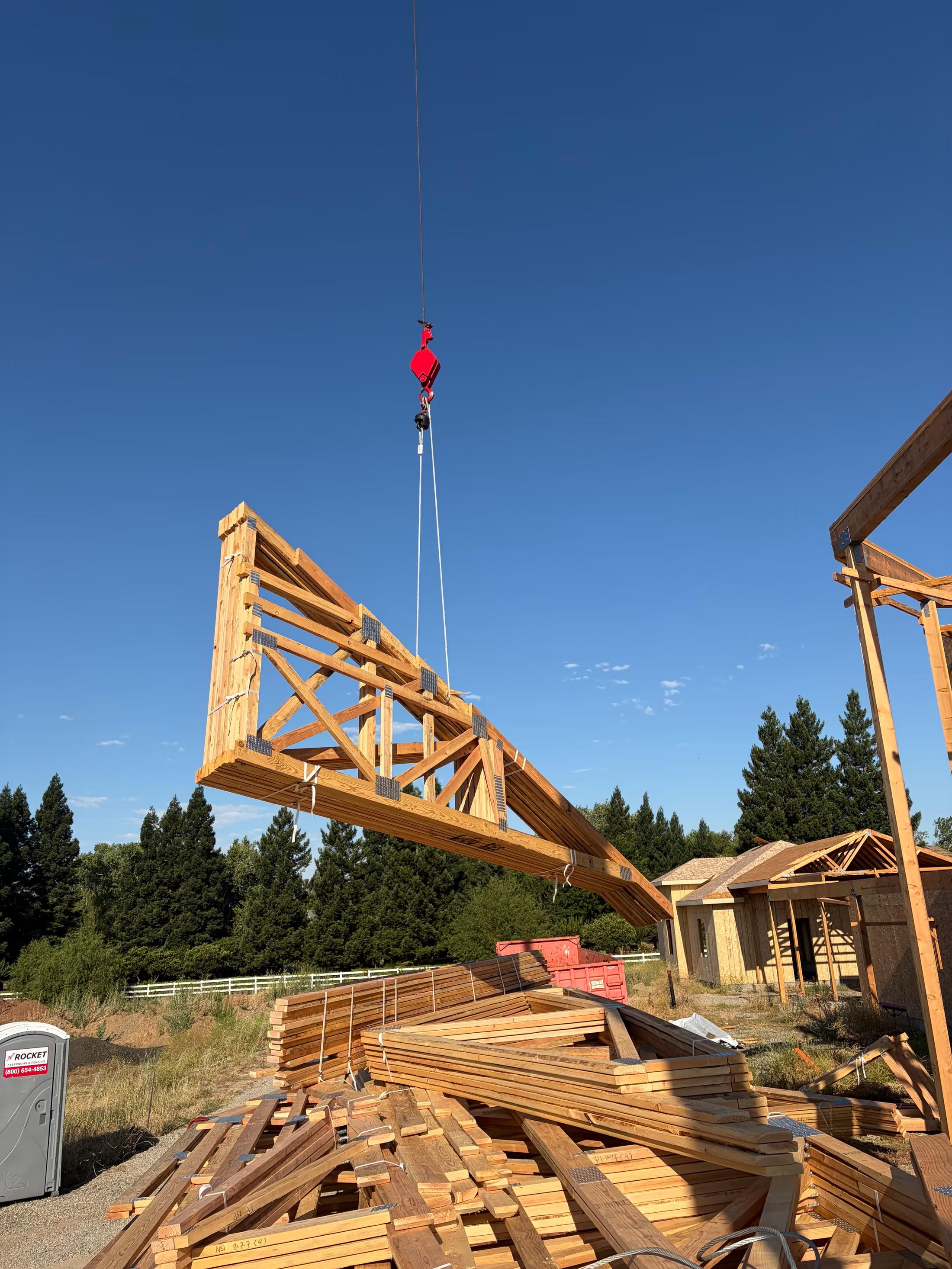 A roof truss craned into place
