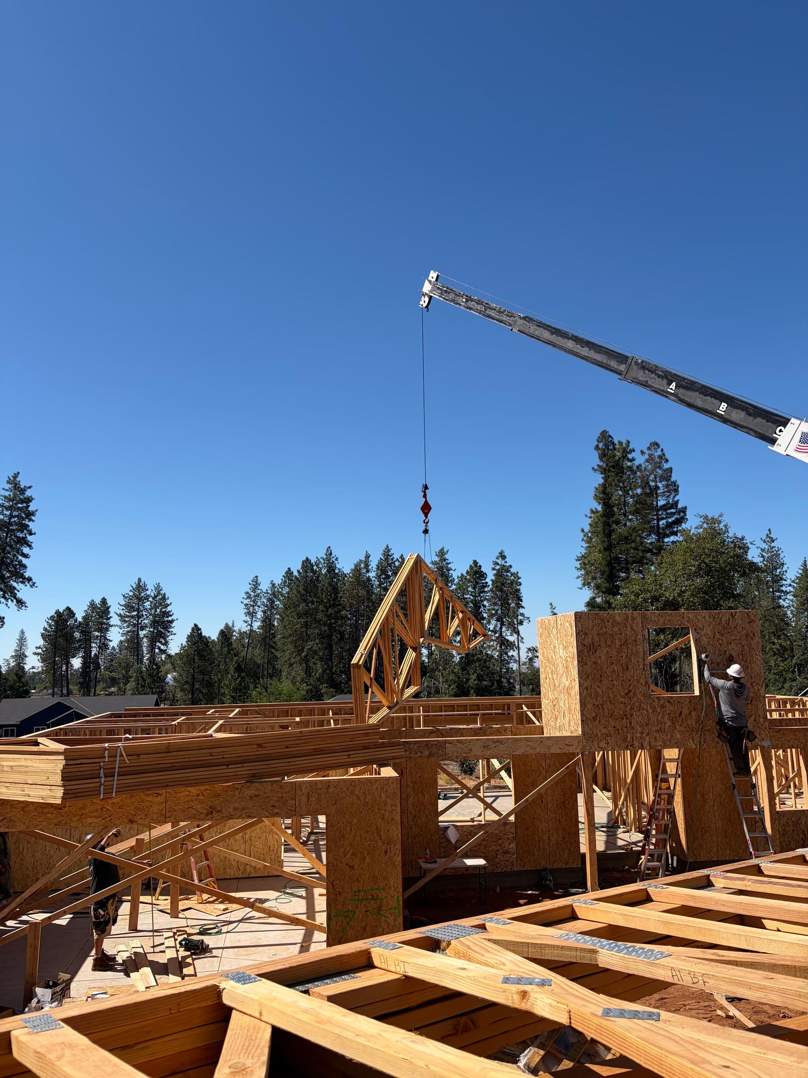 Roof truss flown in by crane