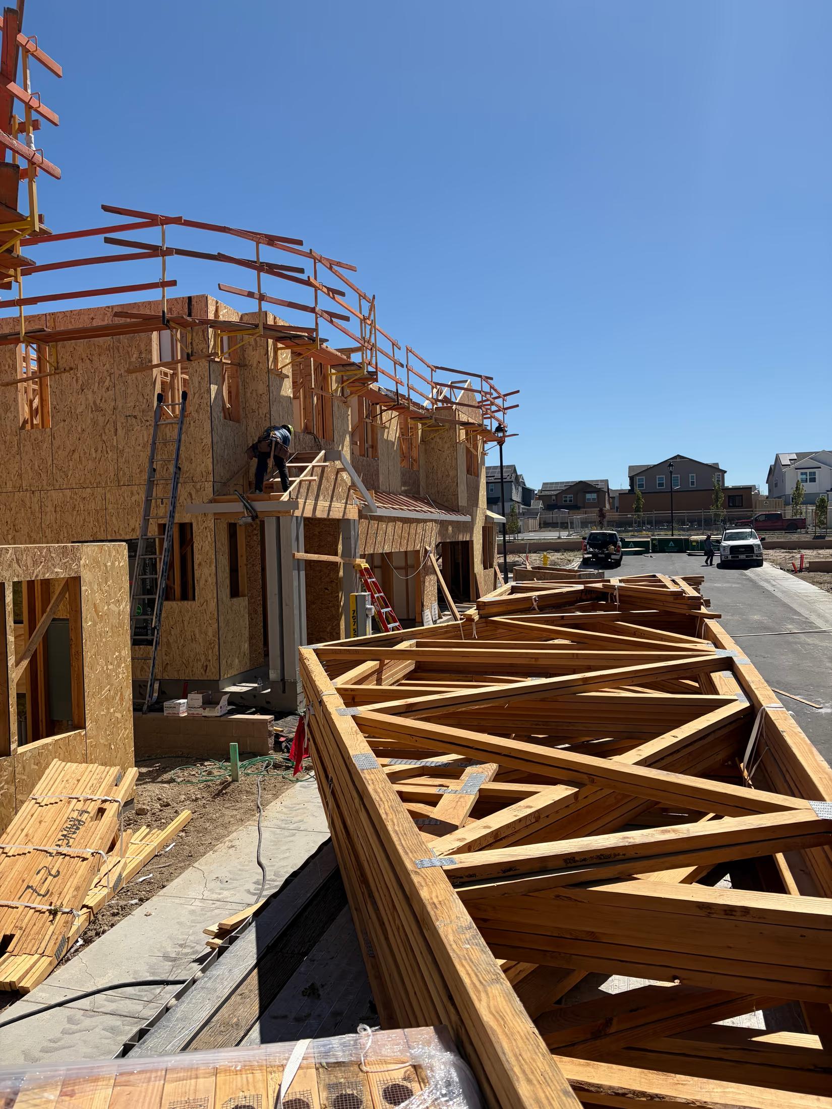 Truss package staged at the building