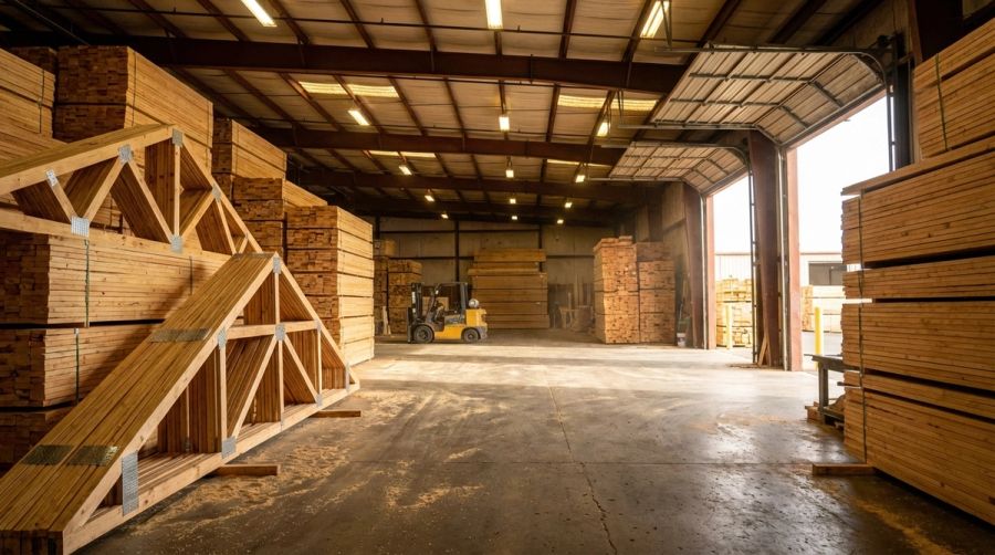 Stacked premium Doug Fir lumber and finished roof trusses with steel connector plates at Mike Walker Lumber Co Inc manufacturing facility in Sacramento
