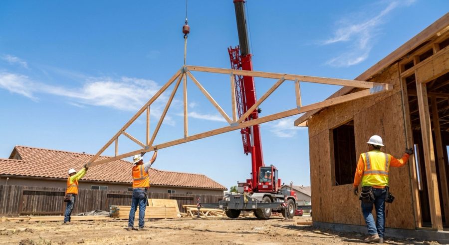 Construction crew installing prefabricated roof trusses on a residential home using a crane by Mike Walker Lumber Co Inc