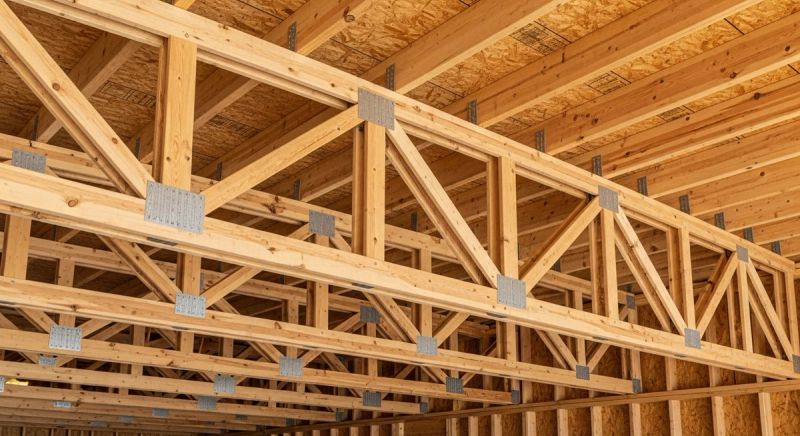 Open-web parallel chord floor trusses made of Doug Fir lumber installed in a multi-family apartment building by Mike Walker Lumber Co Inc