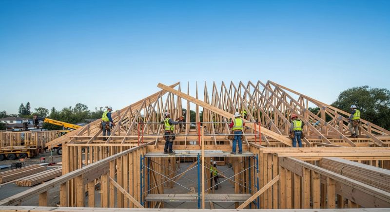Full framing crew setting multiple residential roof trusses on a two-story home with scaffolding and a boom crane at a Sacramento area job site by Mike Walker Lumber Co Inc