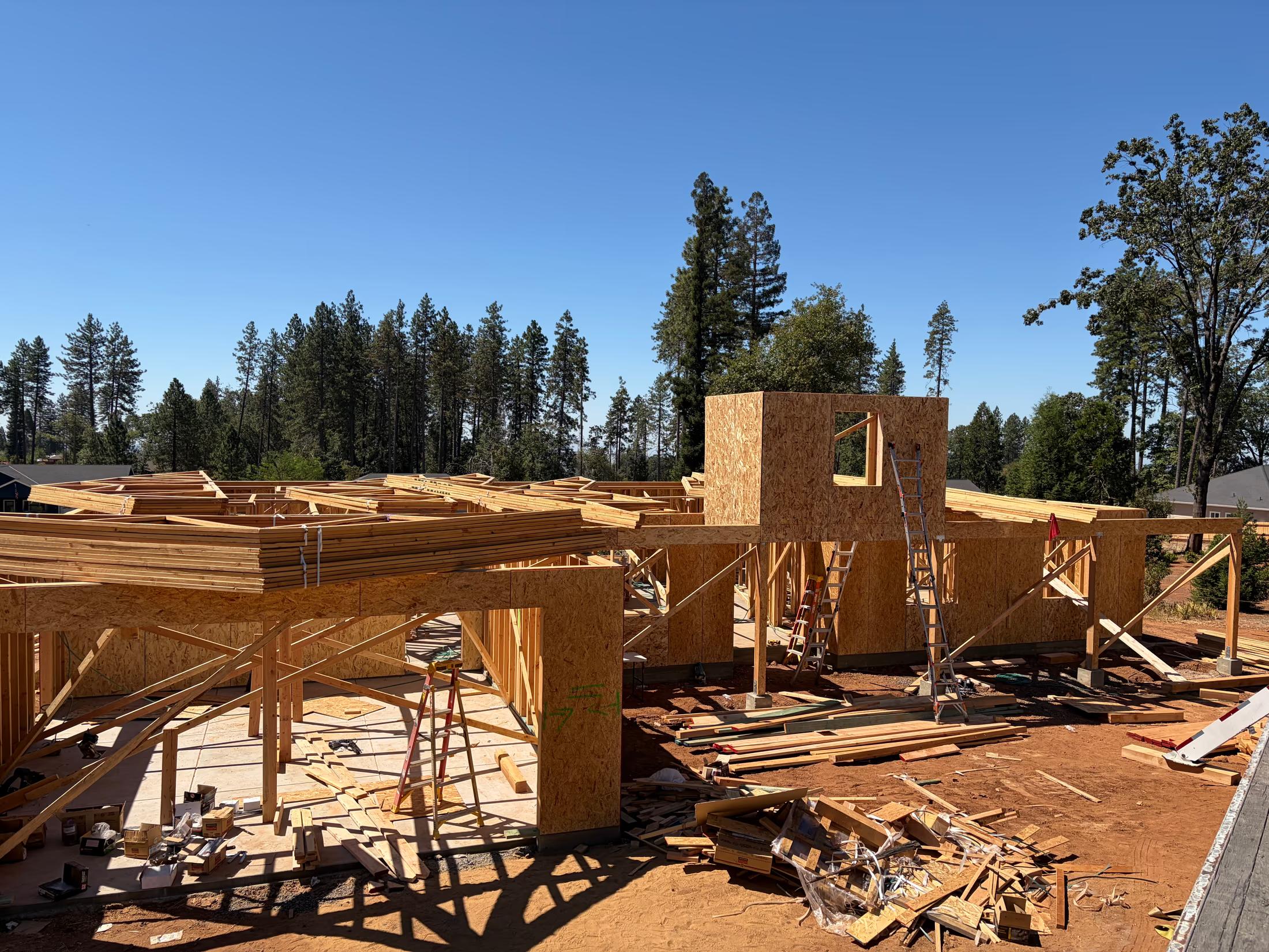 Truss bundles staged on the top plates
