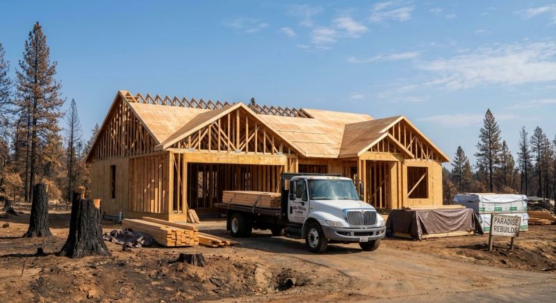 Newly rebuilt home with engineered roof trusses in a Paradise California wildfire recovery area with burned lots and new construction showing community rebuilding by Mike Walker Lumber Co Inc